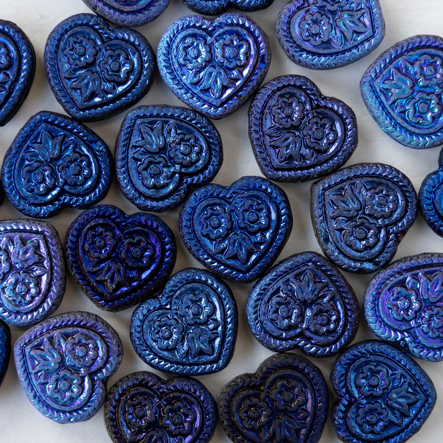 17mm Glass Heart Beads - Black Dark Blue AB - 4 or 12 hearts