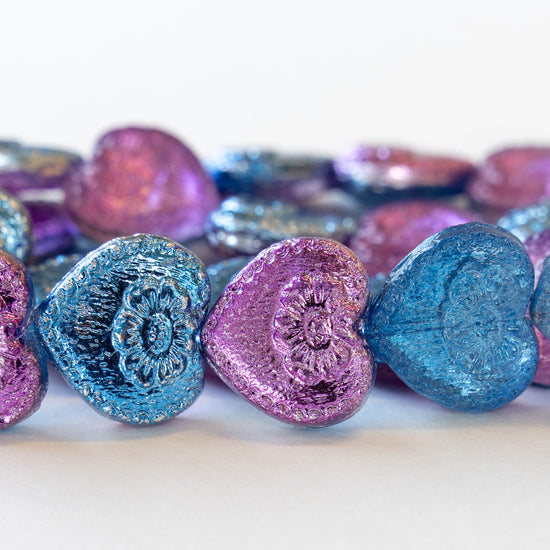 17mm Glass Heart Beads - Blue Purple Metallic - 4 or 12 Beads