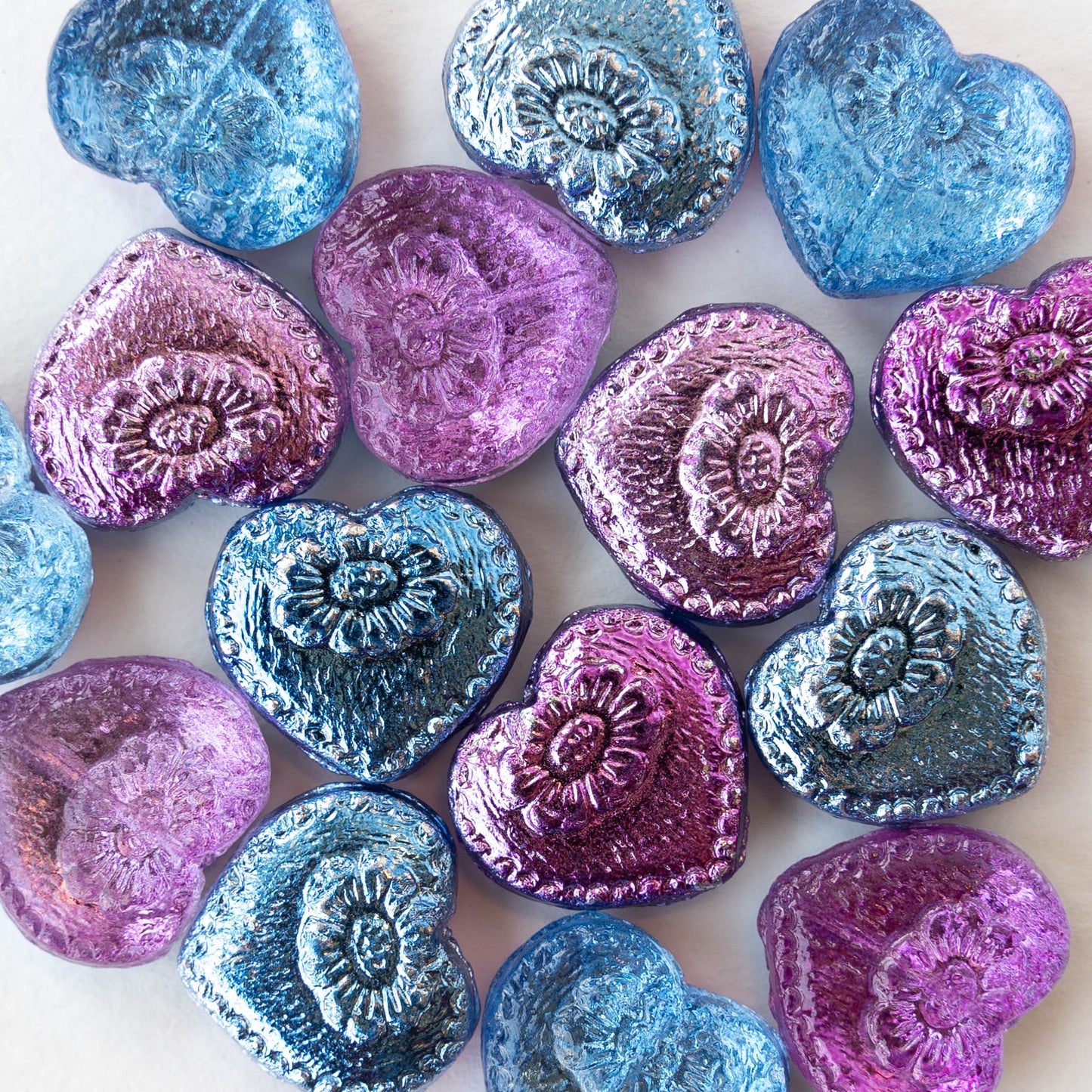 17mm Glass Heart Beads - Blue Purple Metallic - 4 or 12 Beads