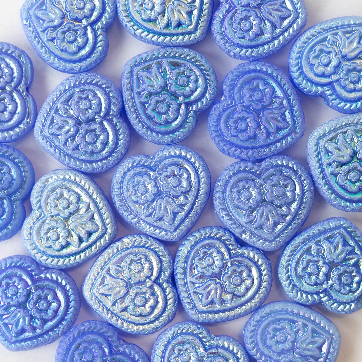 17mm Glass Heart Beads - Opaque Periwinkle AB - 4 or 12 hearts