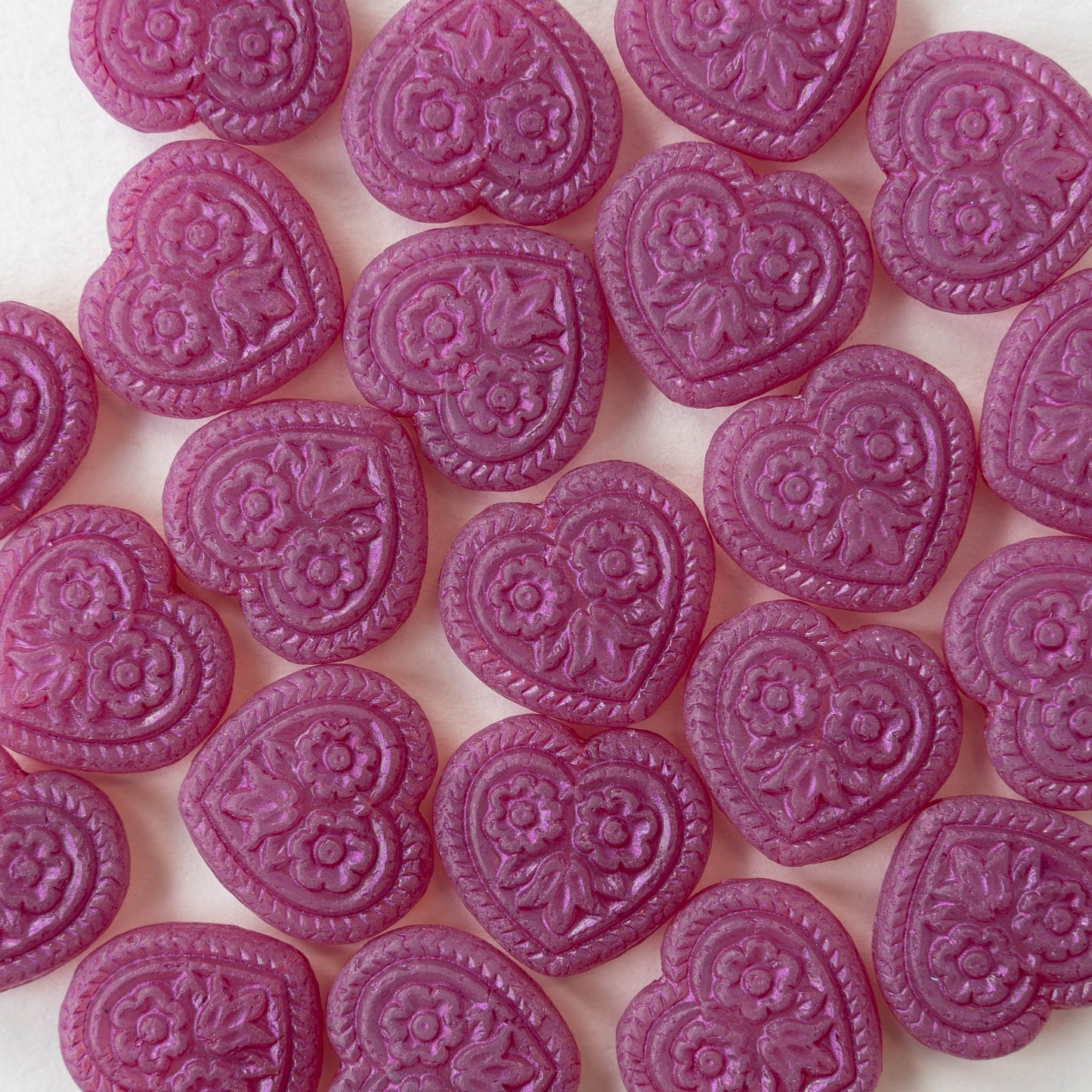 17mm Glass Heart Beads - Matte Pink - 4 or 12 hearts