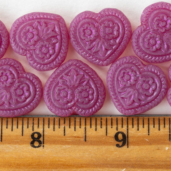 17mm Glass Heart Beads - Matte Pink - 4 or 12 hearts