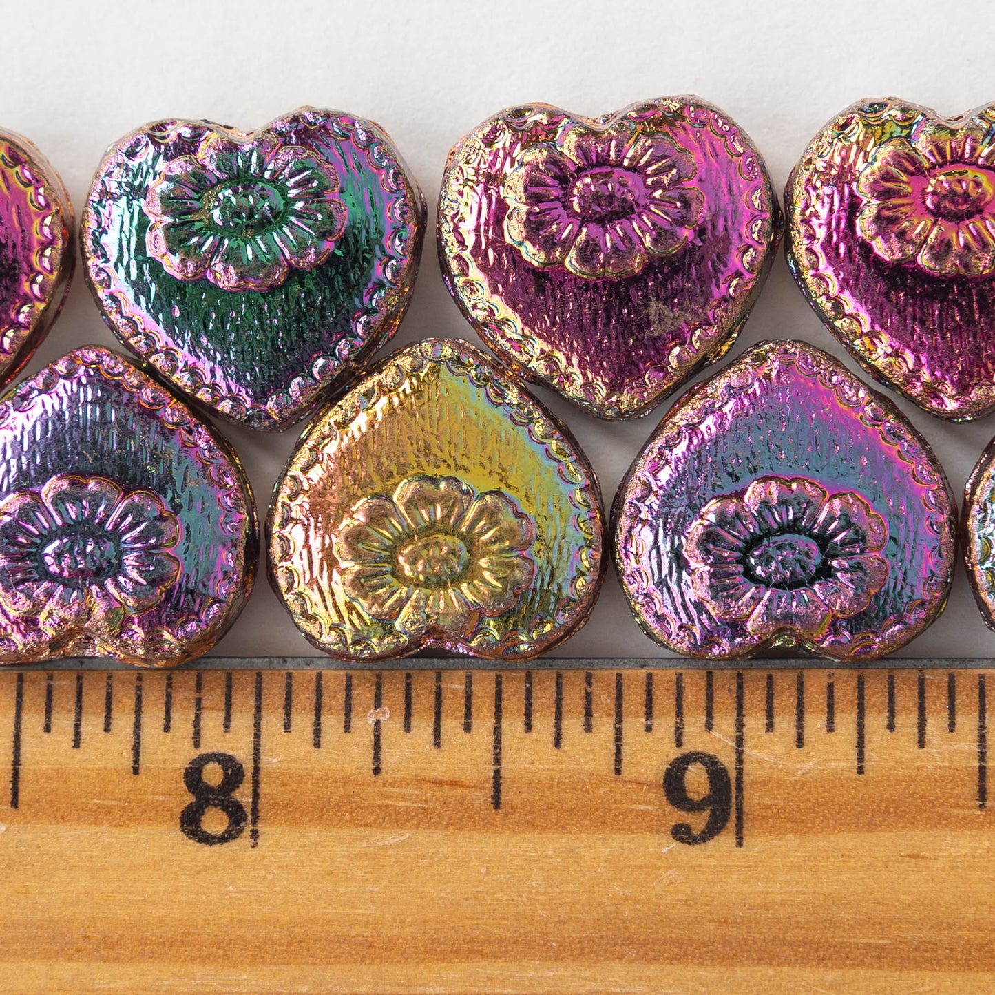 17mm Glass Heart Beads - Metallic Color Mix - 15 beads