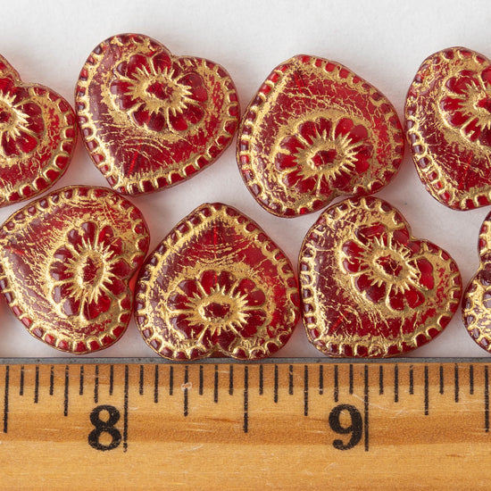 Load image into Gallery viewer, 17mm Victorian Glass Heart Beads - Red - 4 or 12
