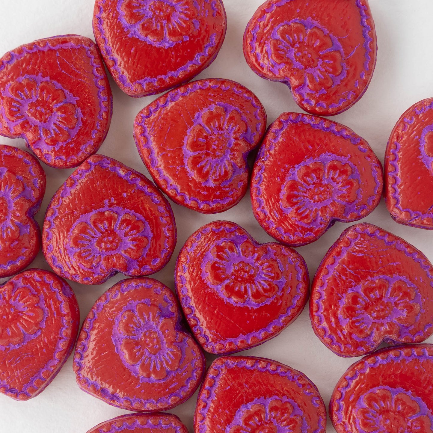 17mm Glass Heart Beads - Opaque Red with Purple Wash - 6 hearts