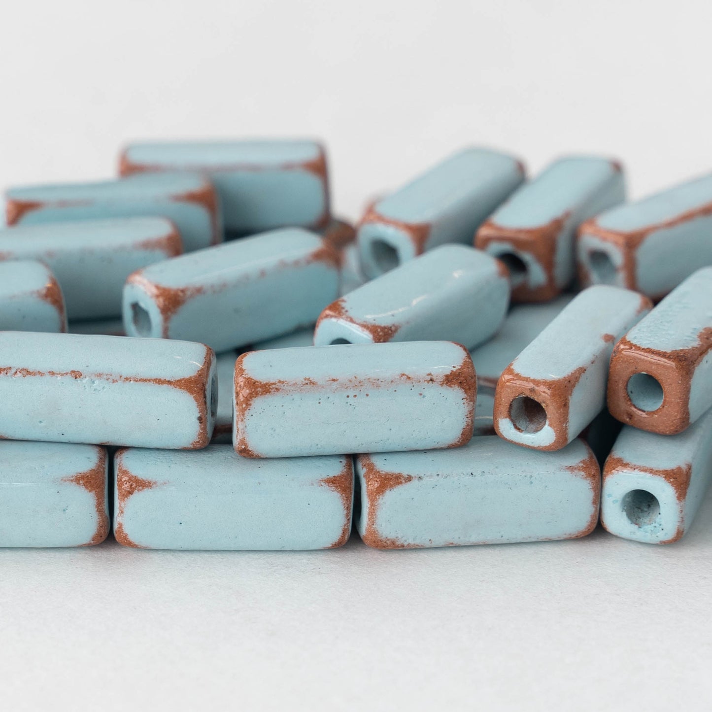 18mm Shiny Glazed Ceramic Rectangle Tube Beads - Pueblo Light Blue