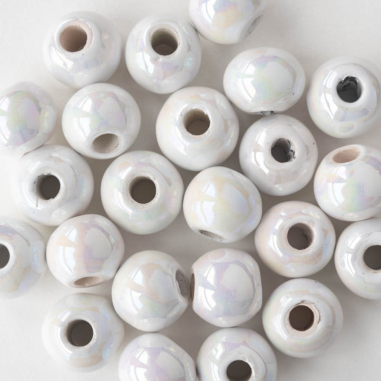 16mm Glazed Ceramic Round Beads - Iridescent Ivory Opal - 4 or 12