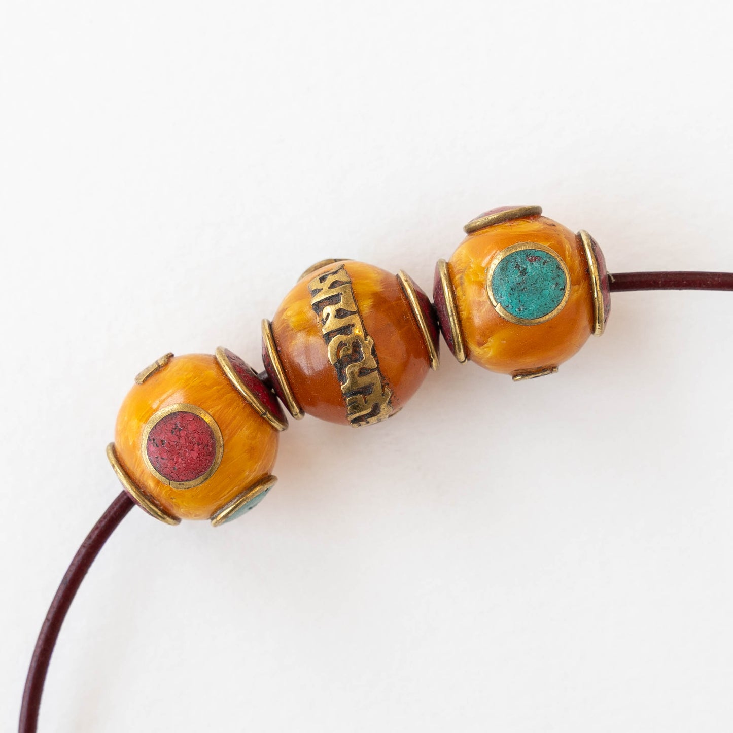 17mm Round Tibetan Beads - Orange with Red and Blue - 1 bead