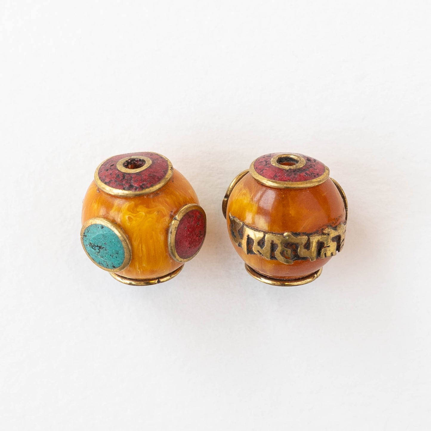 17mm Round Tibetan Beads - Orange with Red and Blue - 1 bead