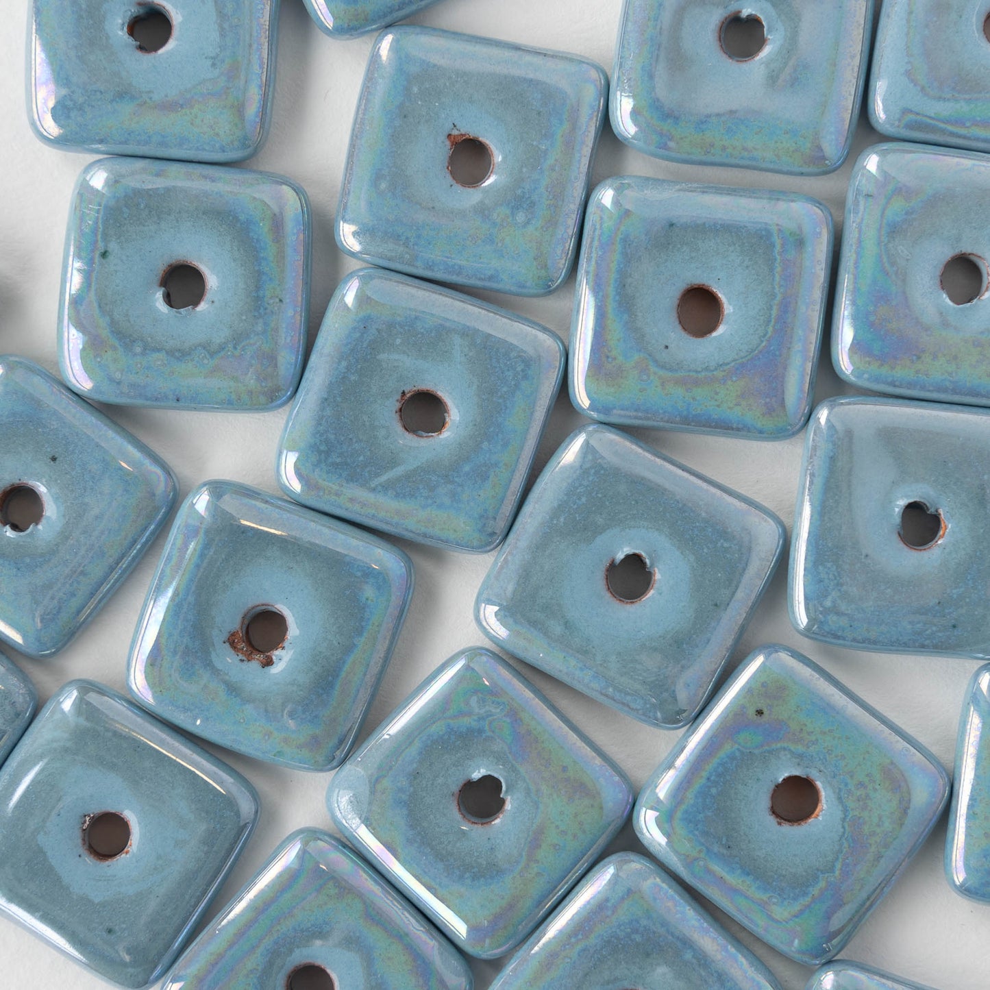 Load image into Gallery viewer, 17mm Glazed Ceramic Square Tiles - Iridescent Light Blue - 10 beads
