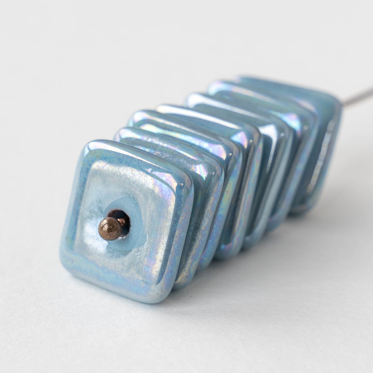 17mm Glazed Ceramic Square Tiles - Iridescent Light Blue - 4 beads