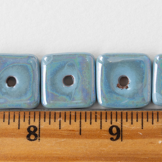 17mm Glazed Ceramic Square Tiles - Iridescent Light Blue - 10 beads