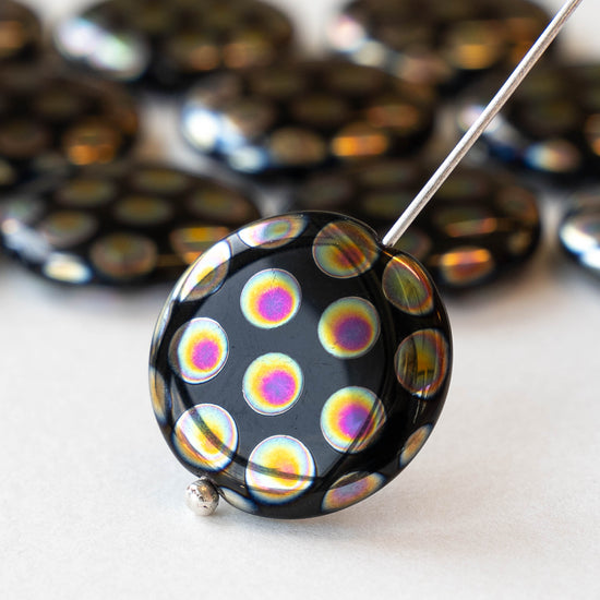 18mm Glass Coin - Black With Peacock Finish - 2 beads