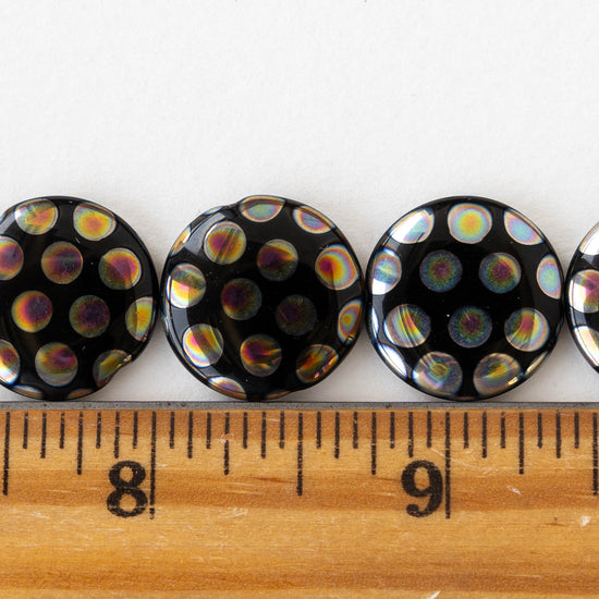 18mm Glass Coin - Black With Peacock Finish - 2 beads