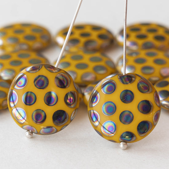 18mm Glass Coin - Yellow With Peacock Finish - 2 beads