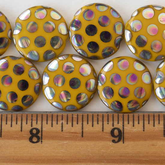 18mm Glass Coin - Yellow With Peacock Finish - 2 beads