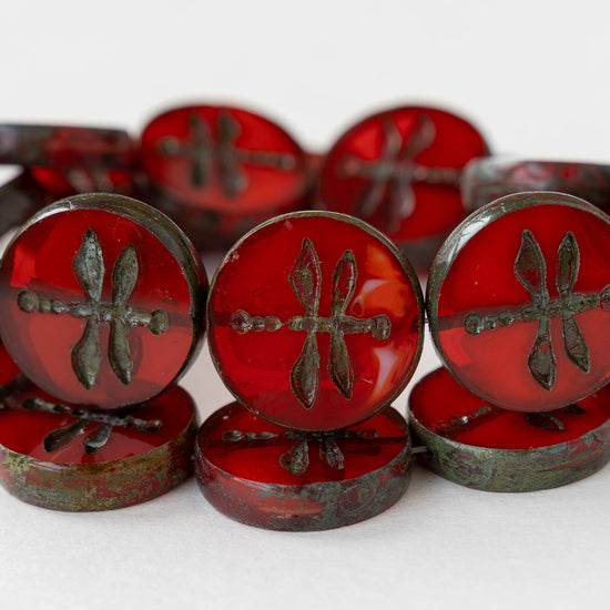 18mm Glass Table Cut Dragonfly Coin Bead - Scarlet - 2 beads