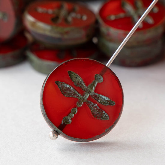 18mm Glass Table Cut Dragonfly Coin Bead - Scarlet - 2 beads