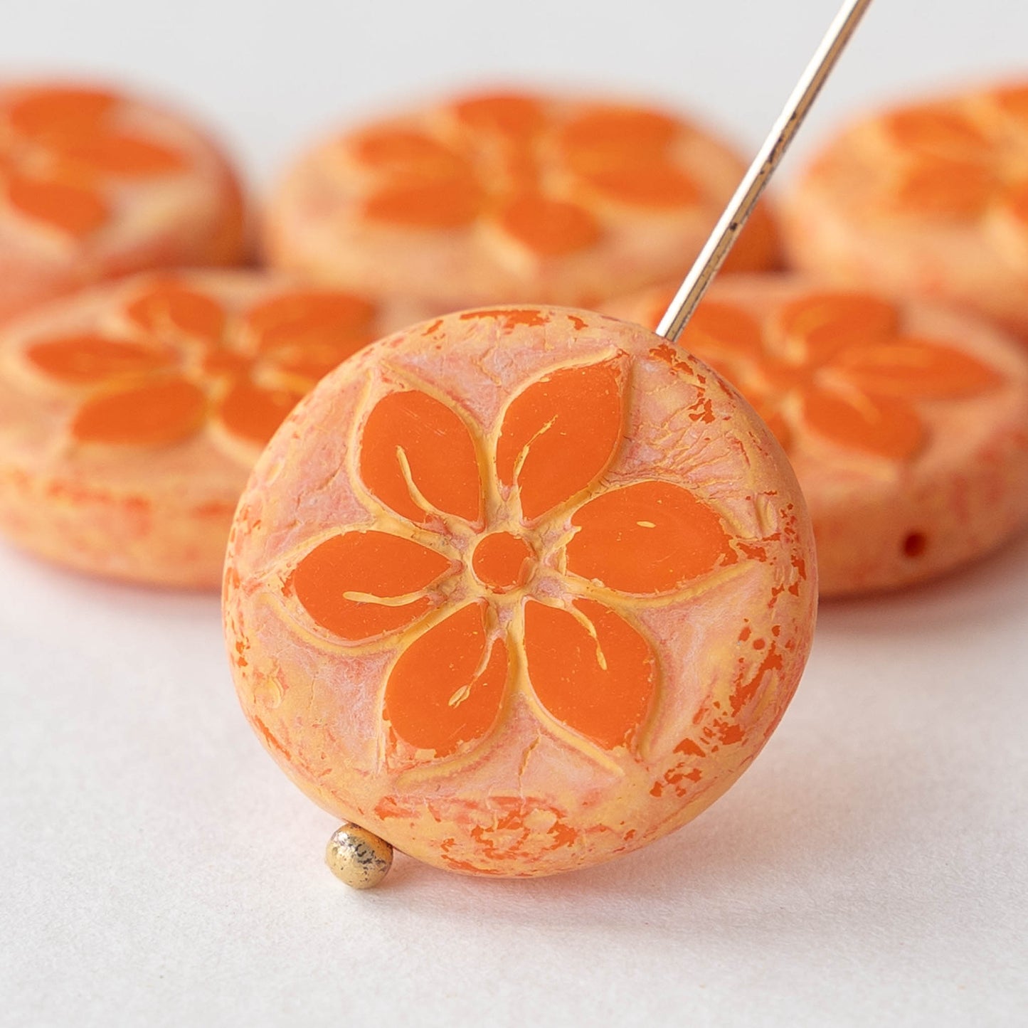 Load image into Gallery viewer, 18mm Coin Flower Beads - Opaque Orange Matte - 2 beads
