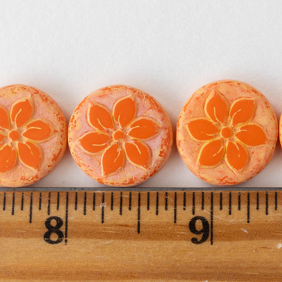 Load image into Gallery viewer, 18mm Coin Flower Beads - Opaque Orange Matte - 2 beads
