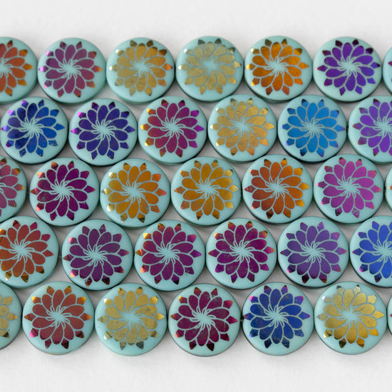 18mm Glass Coin Beads - Turquoise Metallic Flower - 2 or 8 beads