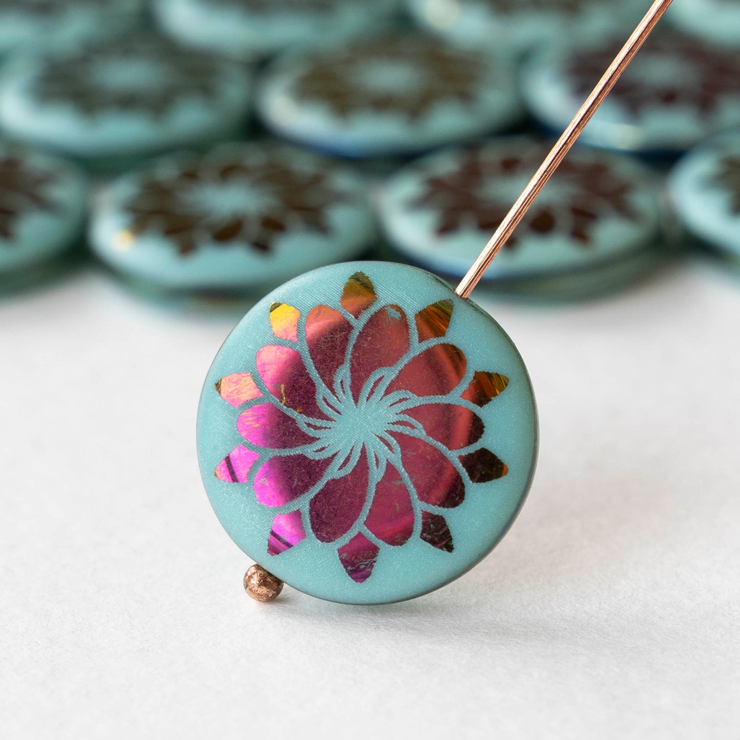 18mm Glass Coin Beads - Turquoise Metallic Flower - 2 or 8 beads