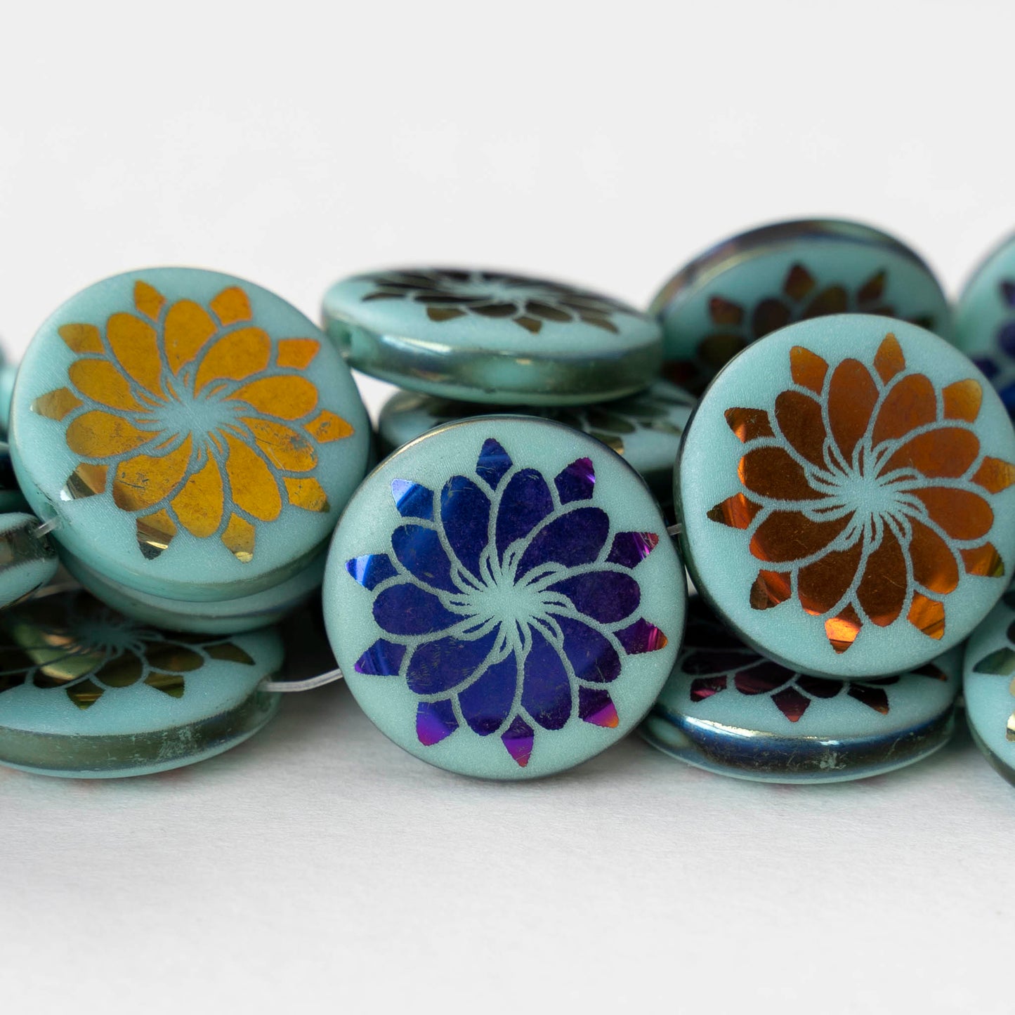 18mm Glass Coin Beads - Turquoise Metallic Flower - 2 or 8 beads