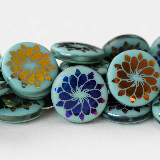 18mm Glass Coin Beads - Turquoise Metallic Flower - 2 or 8 beads
