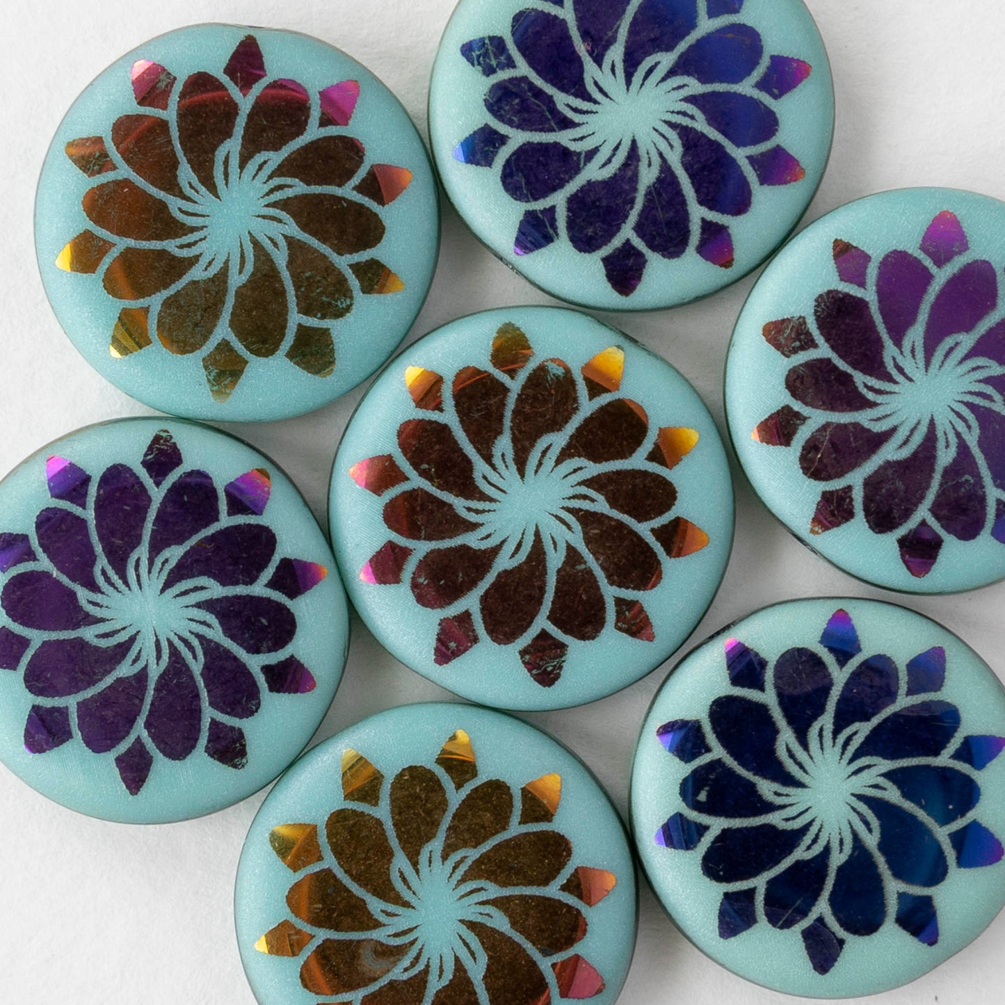 18mm Glass Coin Beads - Turquoise Metallic Flower - 2 or 8 beads