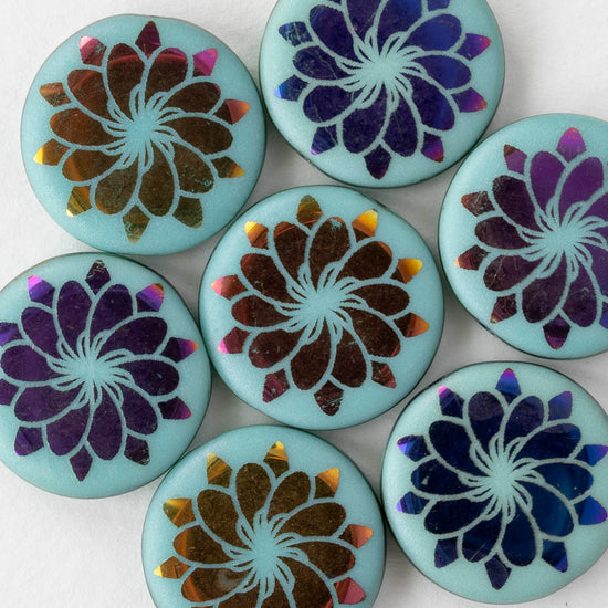 18mm Glass Coin Beads - Turquoise Metallic Flower - 2 or 8 beads