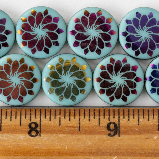 18mm Glass Coin Beads - Turquoise Metallic Flower - 2 or 8 beads