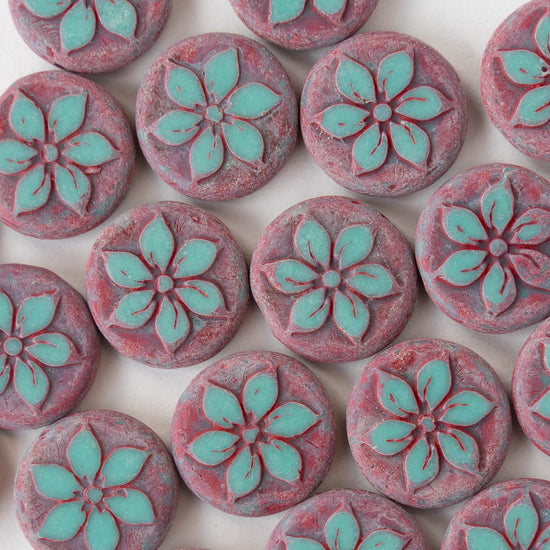 Load image into Gallery viewer, 18mm Coin Flower Beads - Opaque Turquoise with Pink - 2 beads
