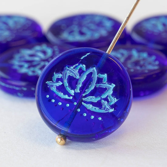 Load image into Gallery viewer, 18mm Lotus Flower Beads - Blue on Blue - 4 or 12
