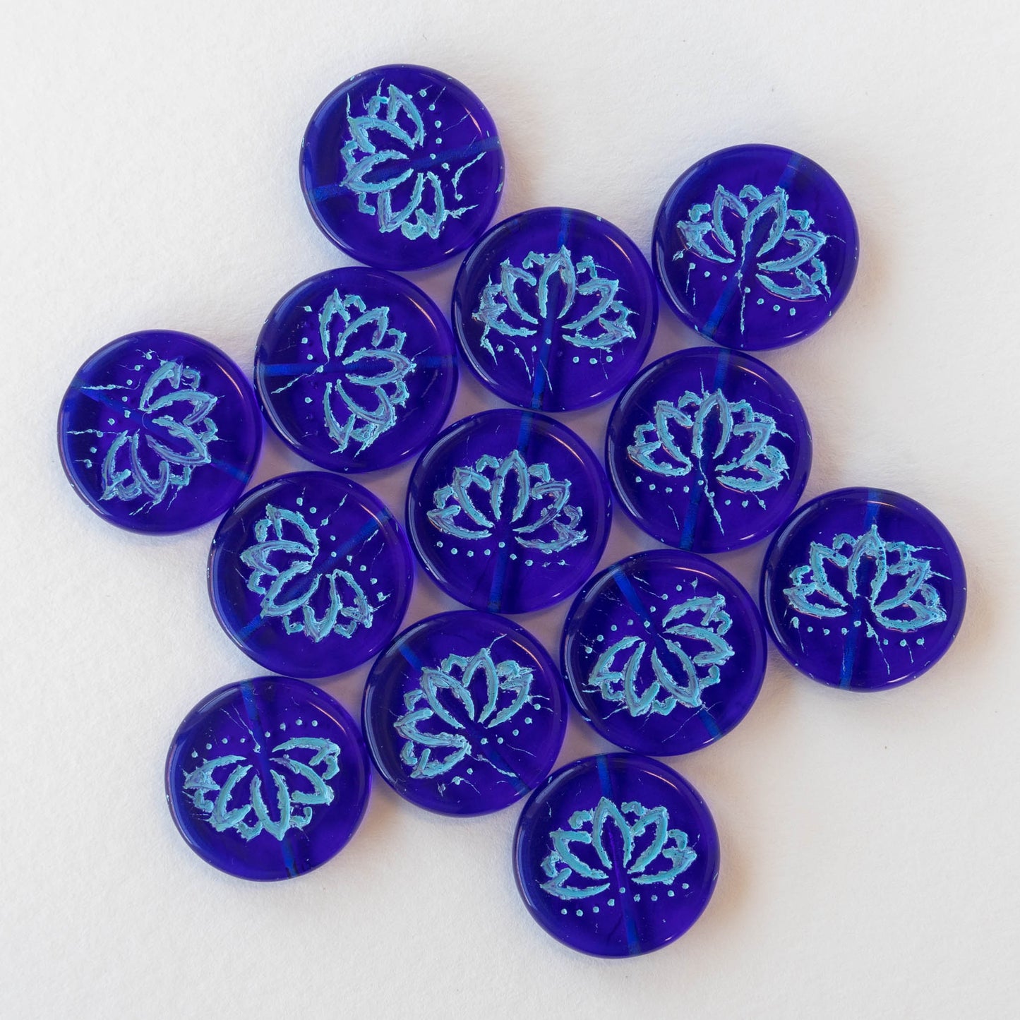 Load image into Gallery viewer, 18mm Lotus Flower Beads - Blue on Blue - 4 or 12
