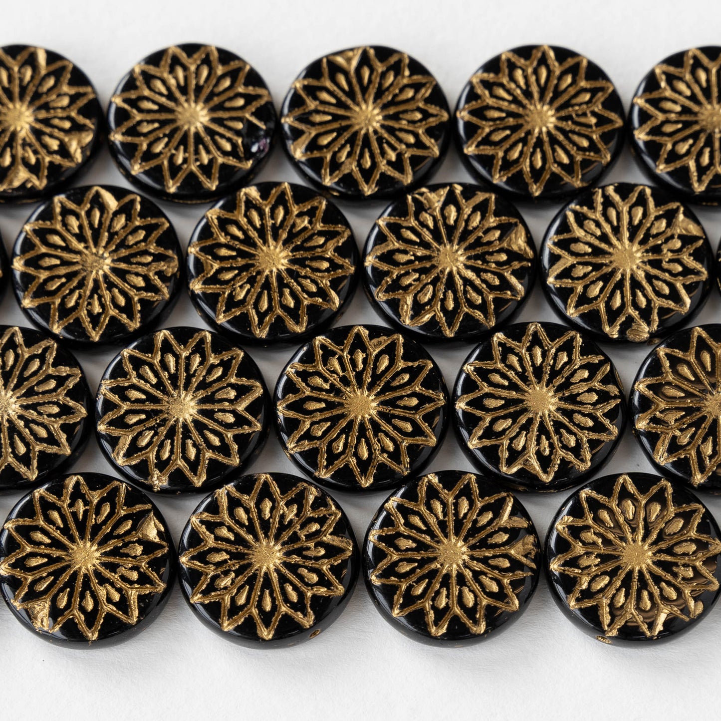 18mm Star Flower Glass Coin Bead - Black with Gold Wash - 4 or 12 Beads