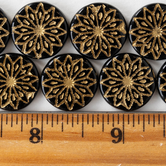 18mm Star Flower Glass Coin Bead - Black with Gold Wash - 4 or 12 Beads