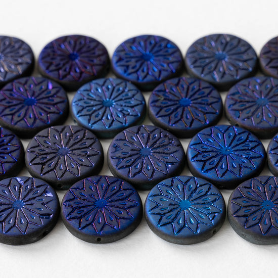 18mm Star Flower Coin - Iridescent Purple Blue on Black Matte - 4 or 12