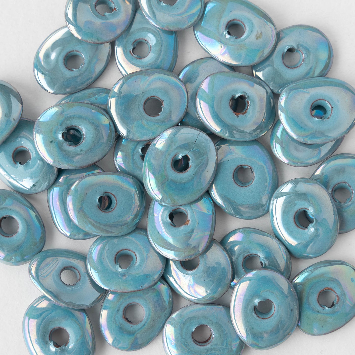13-18mm Shiny Glazed Ceramic Disk Beads - Iridescent  Blue Luster