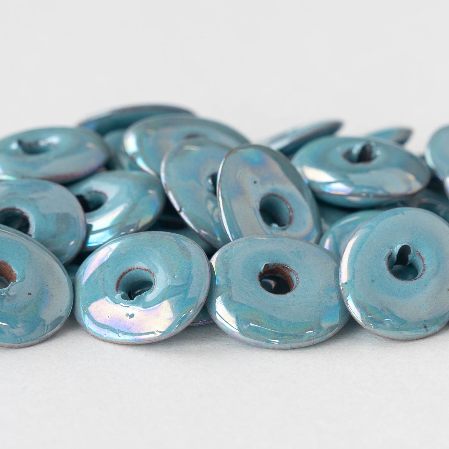 13-18mm Shiny Glazed Ceramic Disk Beads - Iridescent  Blue Luster