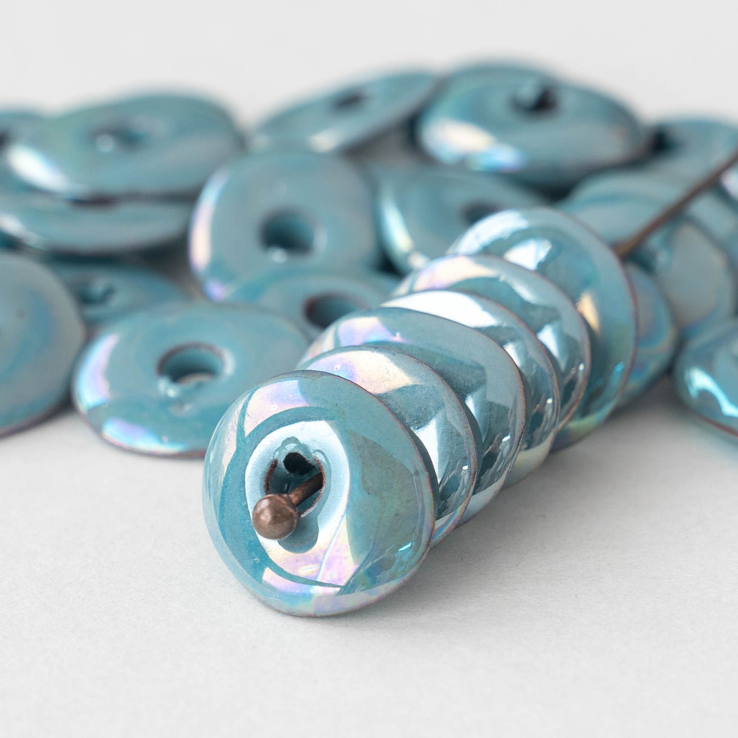 13-18mm Shiny Glazed Ceramic Disk Beads - Iridescent  Blue Luster