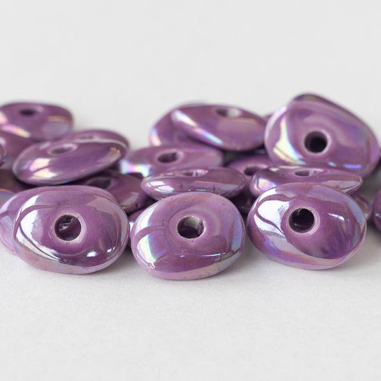 13-18mm Shiny Glazed Ceramic Disk Beads - Iridescent  Purple Passion