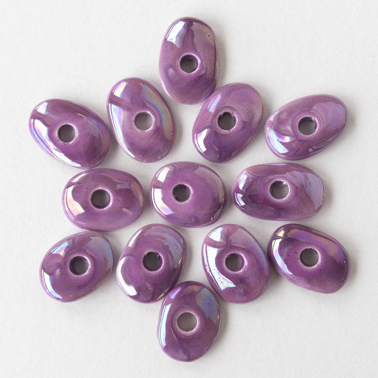 13-18mm Shiny Glazed Ceramic Disk Beads - Iridescent  Purple Passion