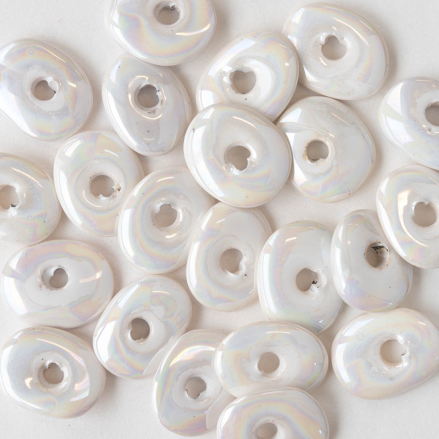 13-18mm Shiny Glazed Ceramic Disk Beads - Iridescent Ivory Opal - 8,6 or 24