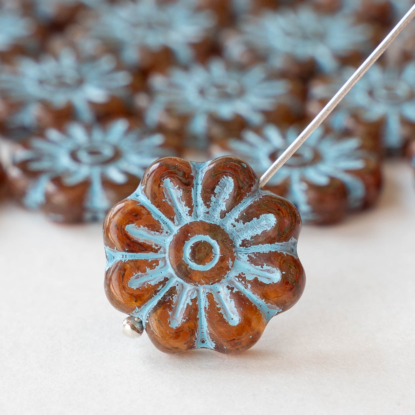 18mm Glass Flower Beads - Brown with Blue Wash - 6 Beads