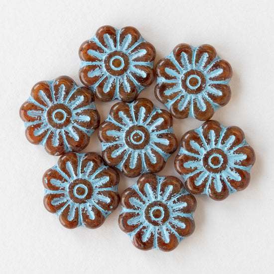 18mm Glass Flower Beads - Brown with Blue Wash - 6 Beads