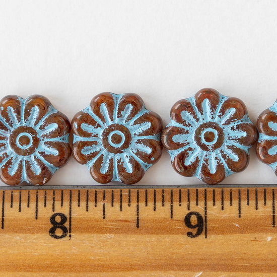 18mm Glass Flower Beads - Brown with Blue Wash - 6 Beads