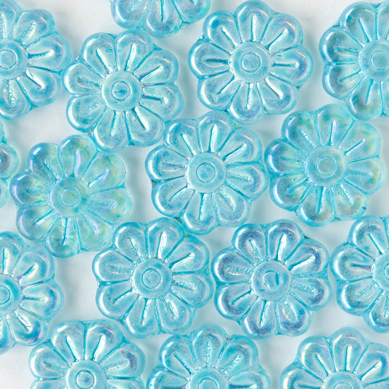 18mm Glass Flower Beads - Aqua AB - 4 Beads