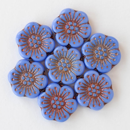 Anemone Flower Beads - 18mm - Opaque Blue with Copper Wash - 10 beads