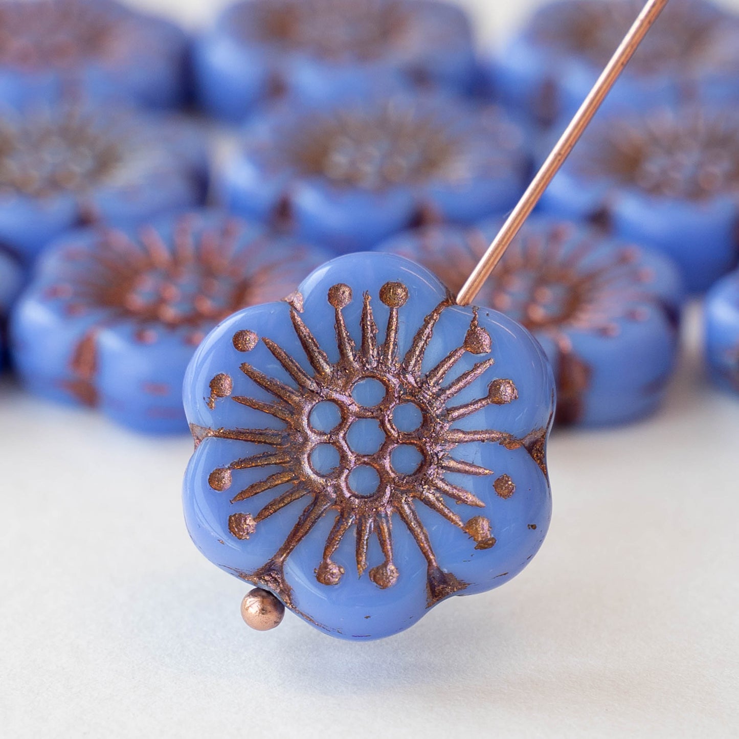 Anemone Flower Beads - 18mm - Opaque Blue with Copper Wash - 10 beads