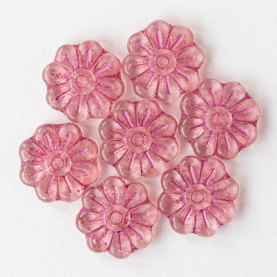 18mm Glass Flower Beads - Crystal with Pink Wash - 6 Beads